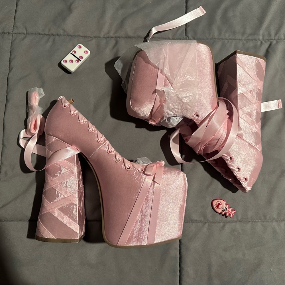sweet sonata ballet wrap heels in pink by sugar thrillz (dolls kill)